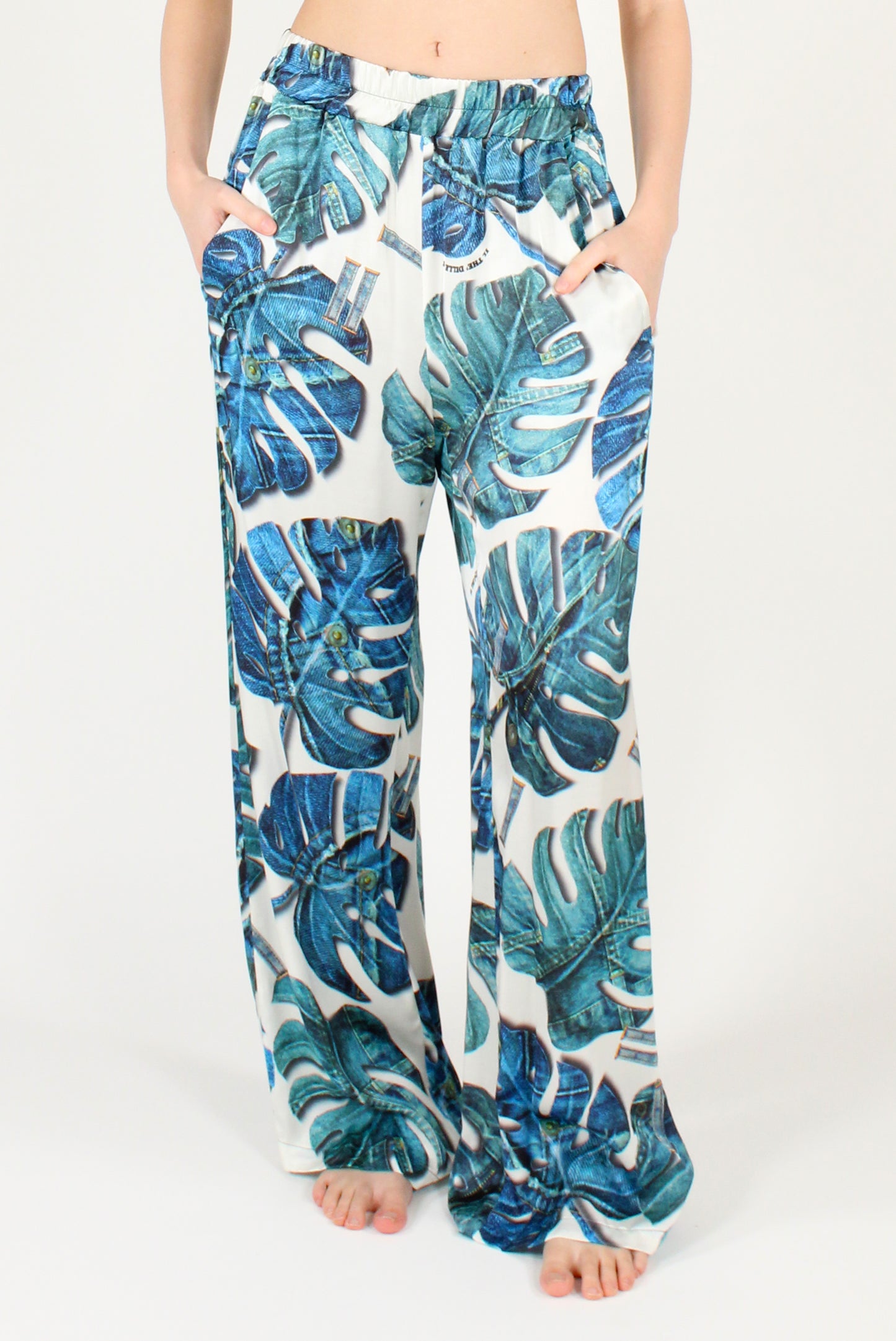 Pantaloni a Palazzo Donna Stampa Foglie Denim