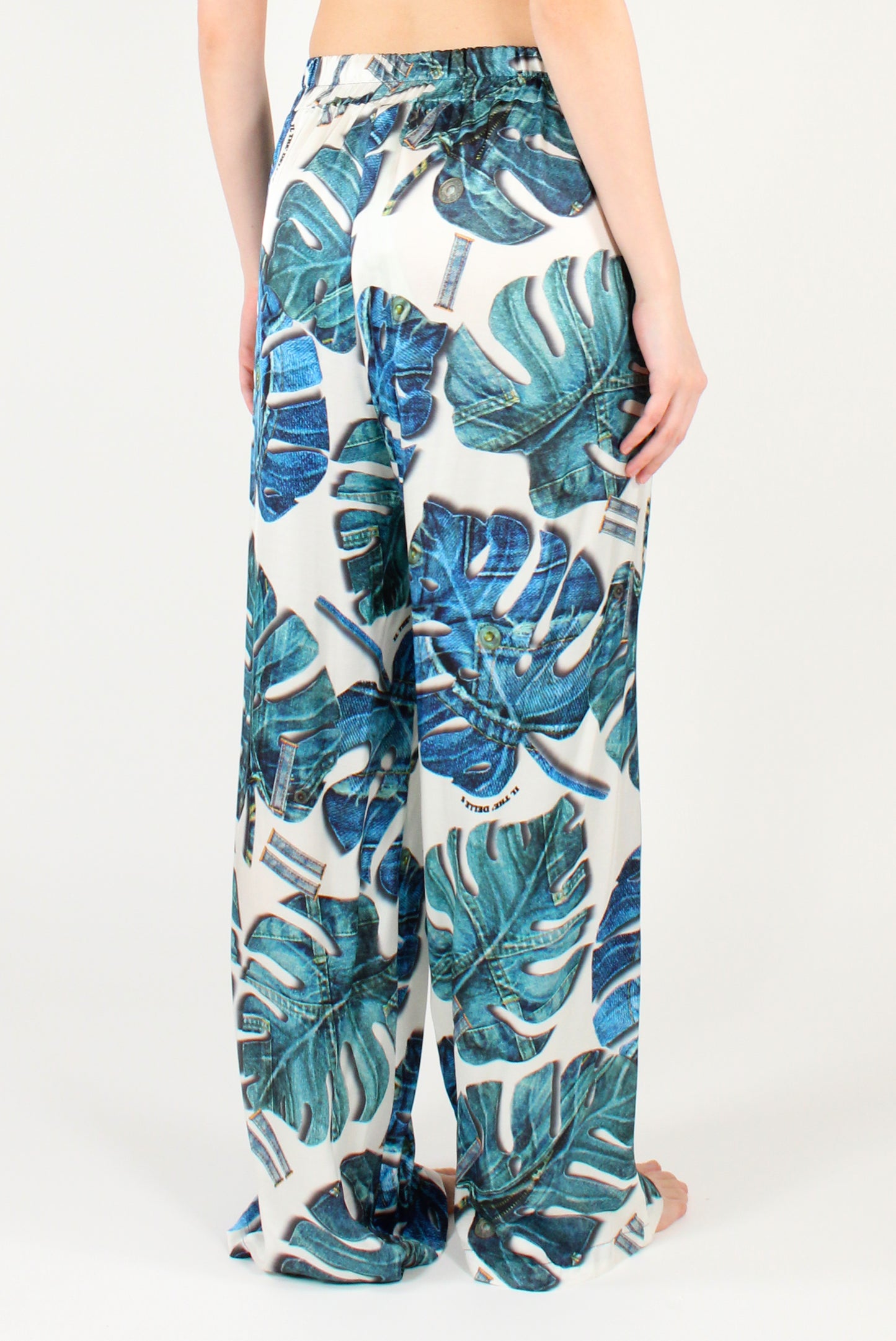 Pantaloni a Palazzo Donna Stampa Foglie Denim