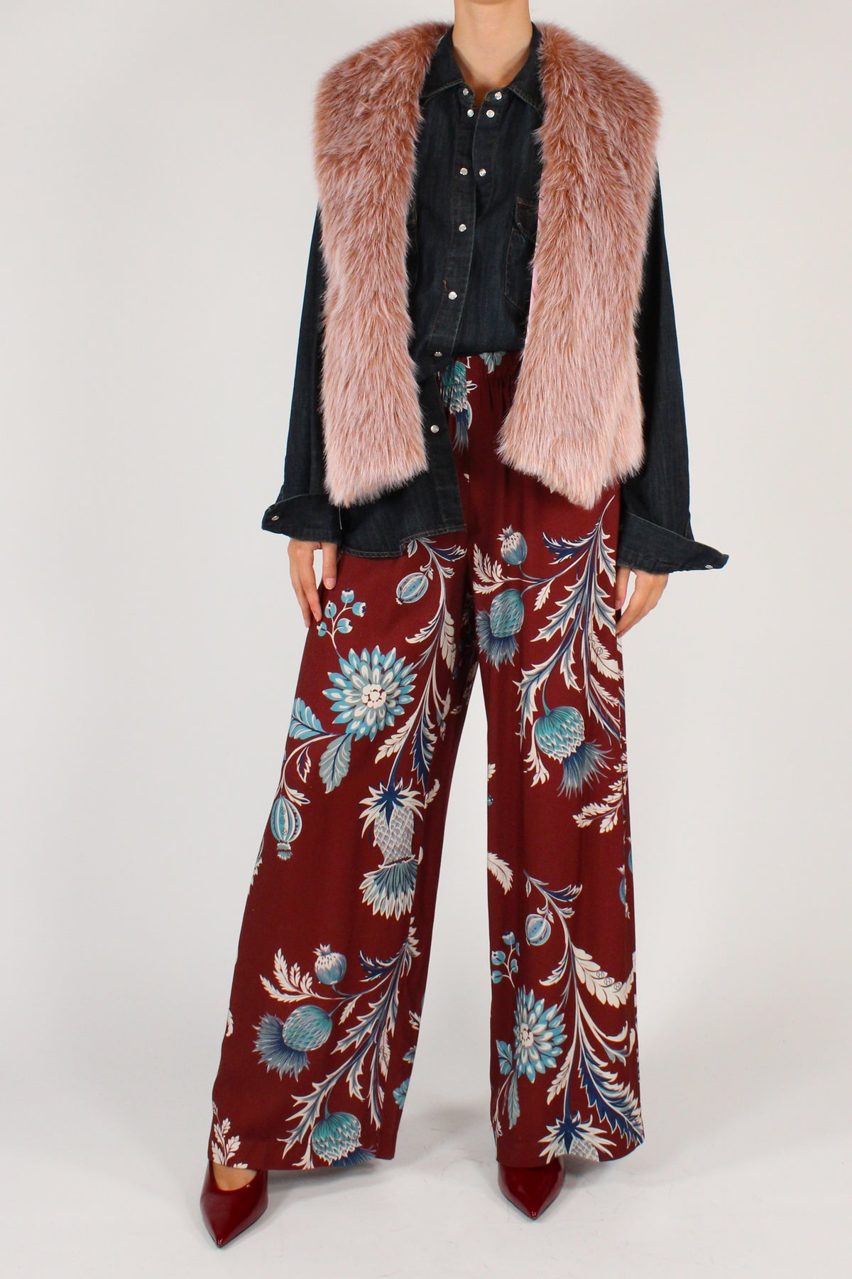 Pantaloni a Palazzo Stampa Floreale Bordeaux