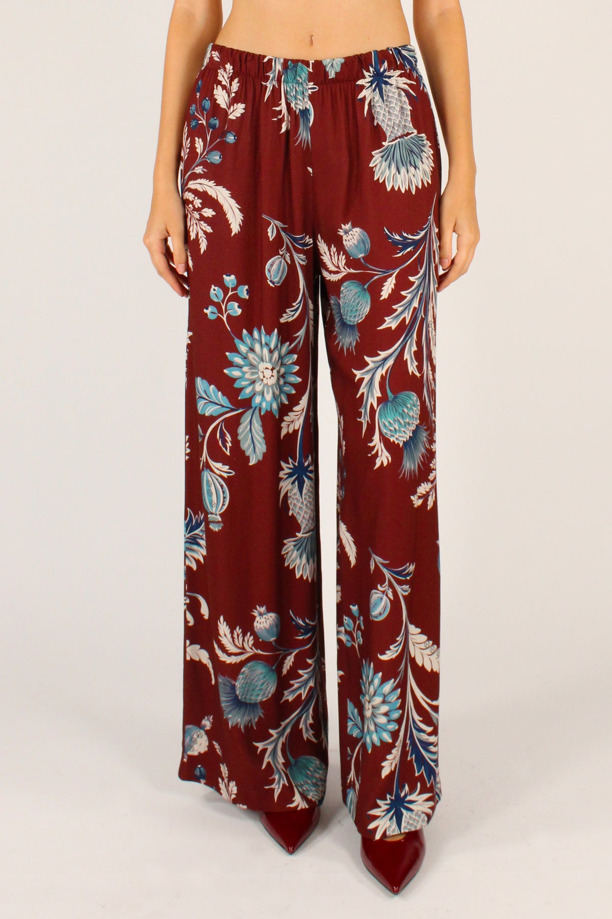 Pantaloni a Palazzo Stampa Floreale Bordeaux