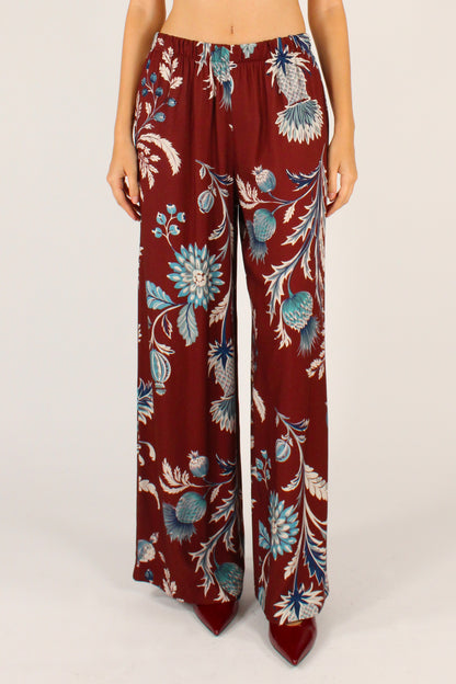 Pantaloni a Palazzo Stampa Floreale Bordeaux