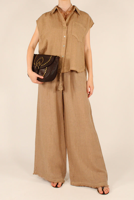 Linen Palazzo Trousers with Elastic Waistband