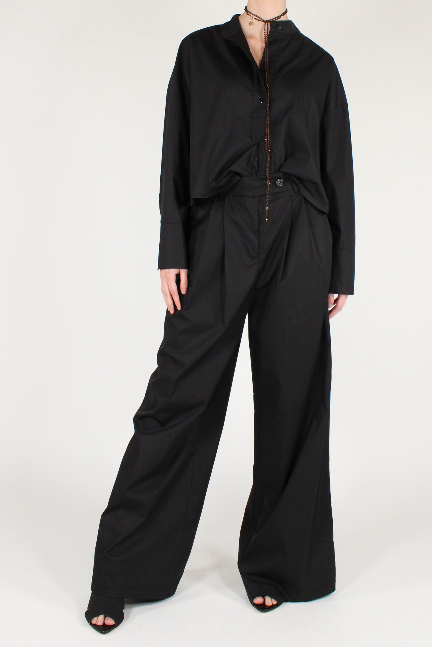 Pantaloni a Palazzo con Pinces in Cotone