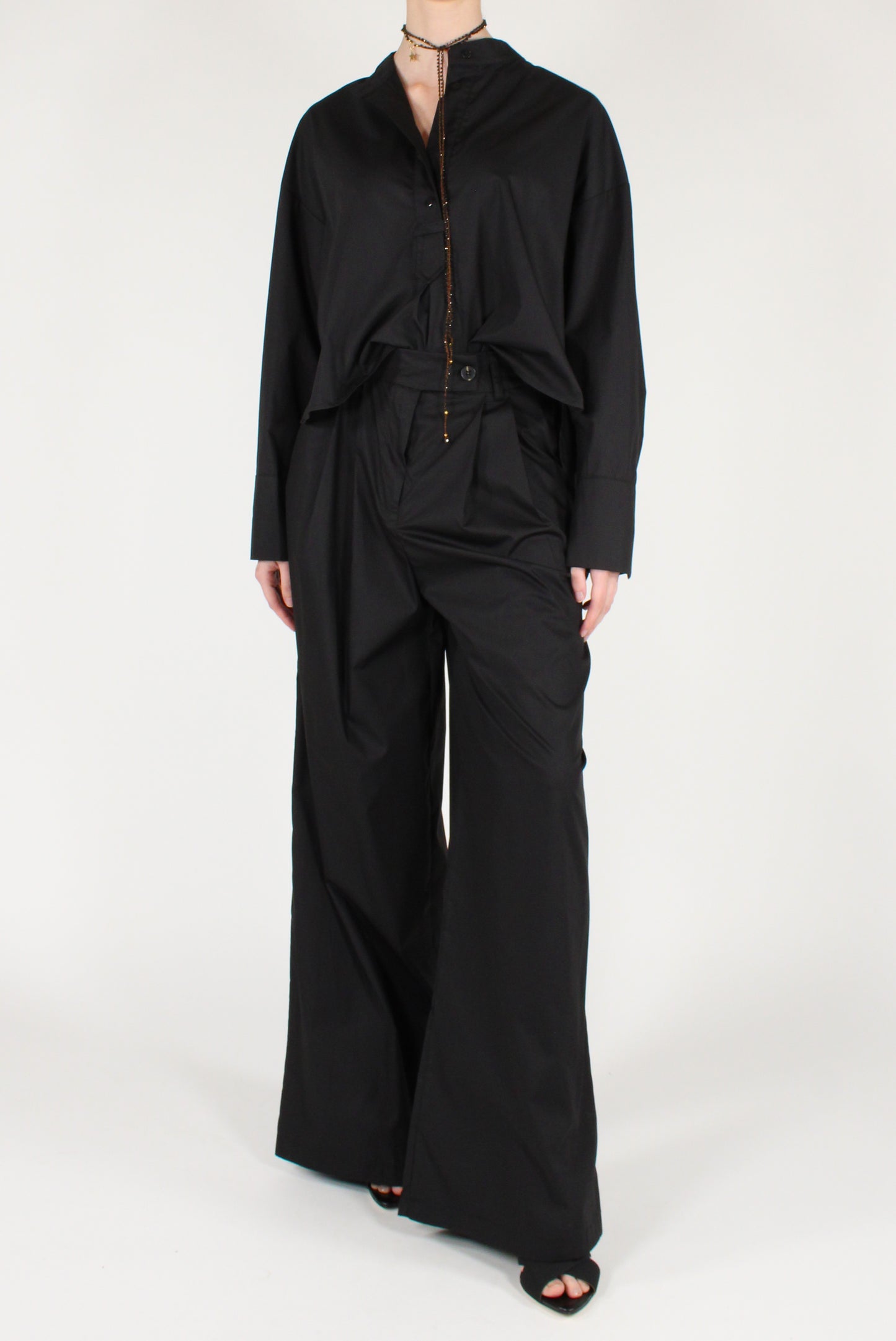 Pantaloni a Palazzo con Pinces in Cotone