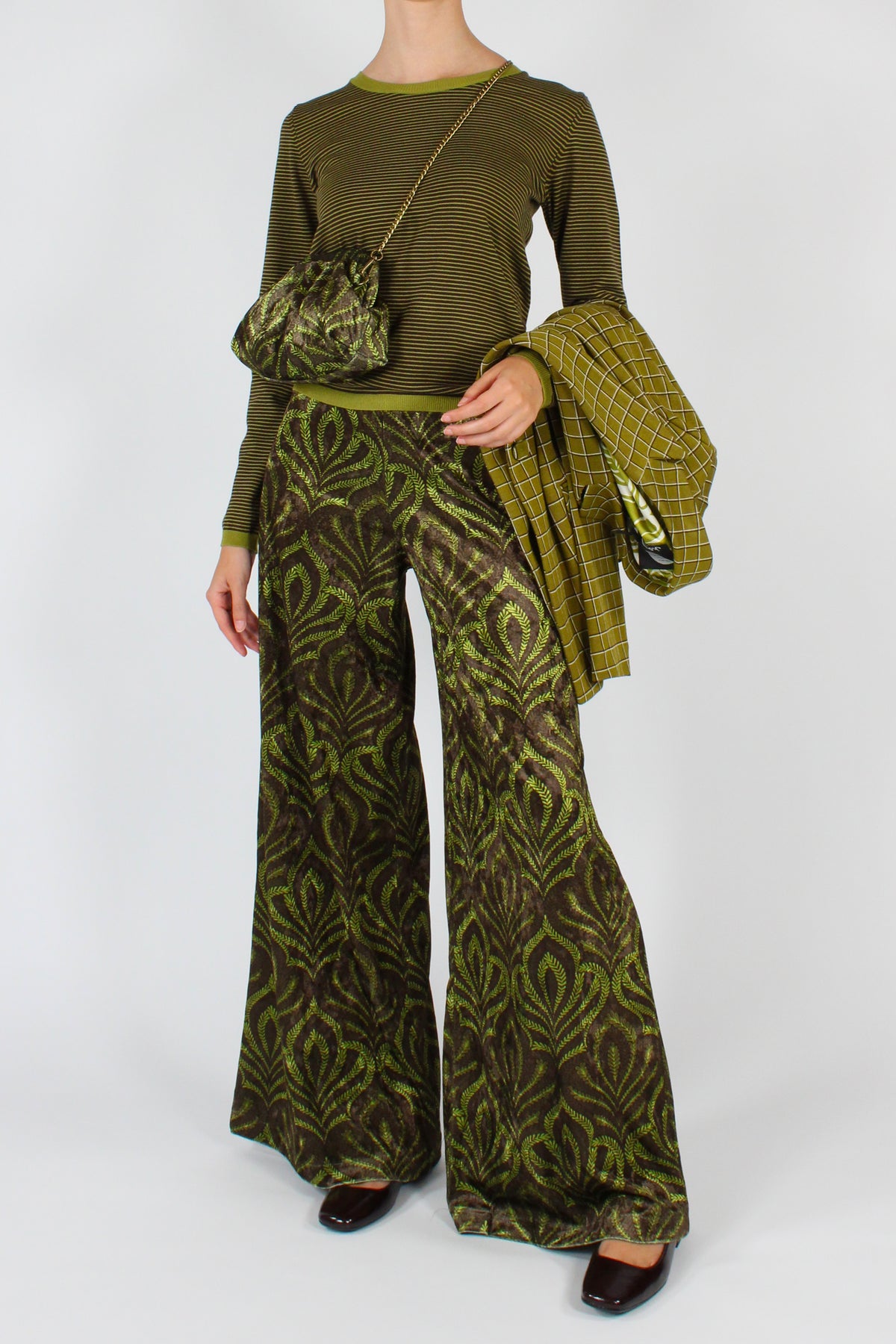Pantaloni a Palazzo in Velluto Stampa Botanica