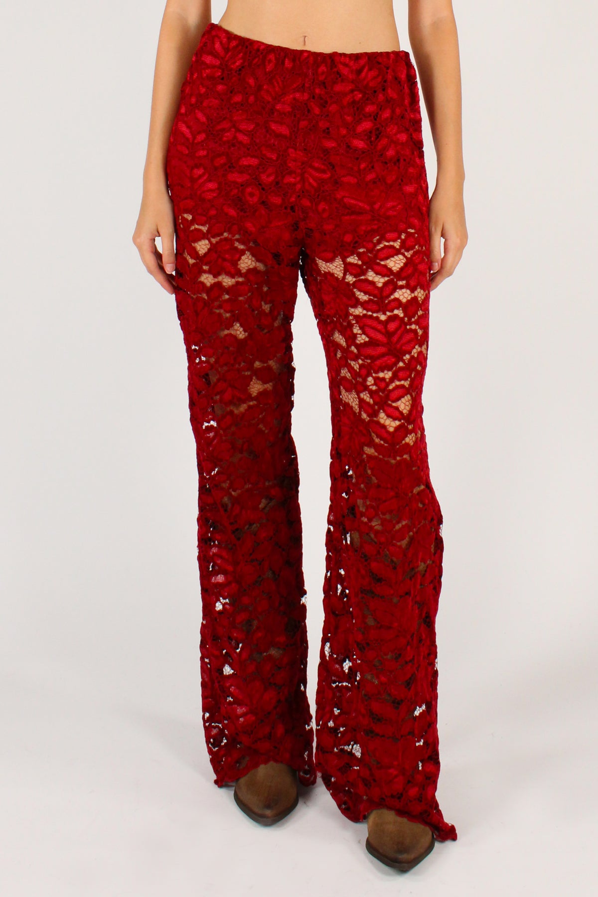 Pantaloni a Palazzo in Pizzo Ciniglia Bordeaux