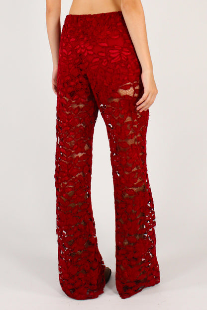 Pantaloni a Palazzo in Pizzo Ciniglia Bordeaux