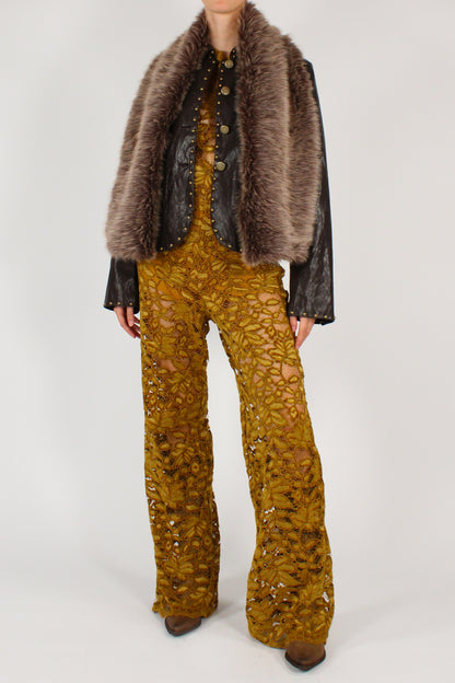 Pantaloni a Palazzo in Pizzo Ciniglia Senape