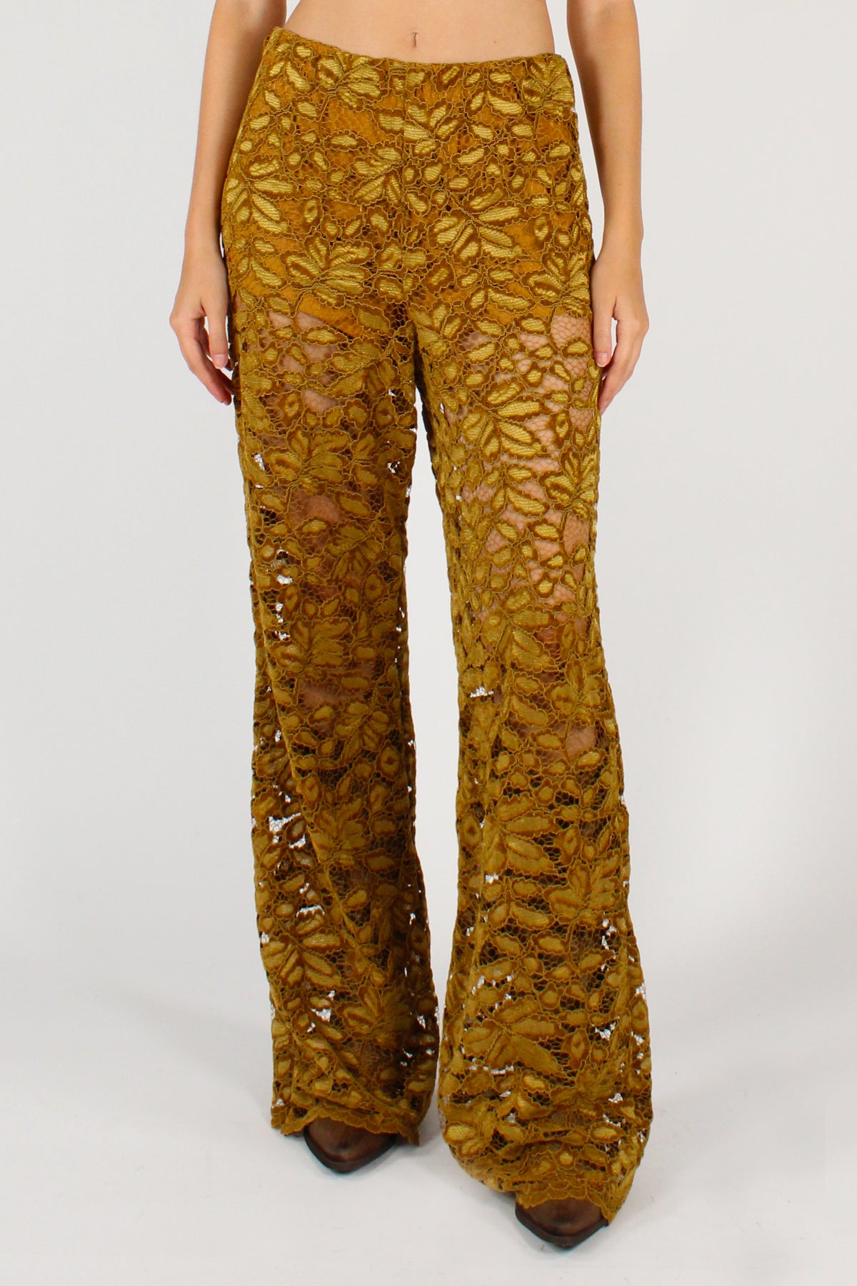 Pantaloni a Palazzo in Pizzo Ciniglia Senape