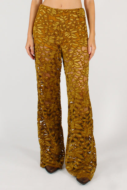 Pantaloni a Palazzo in Pizzo Ciniglia Senape
