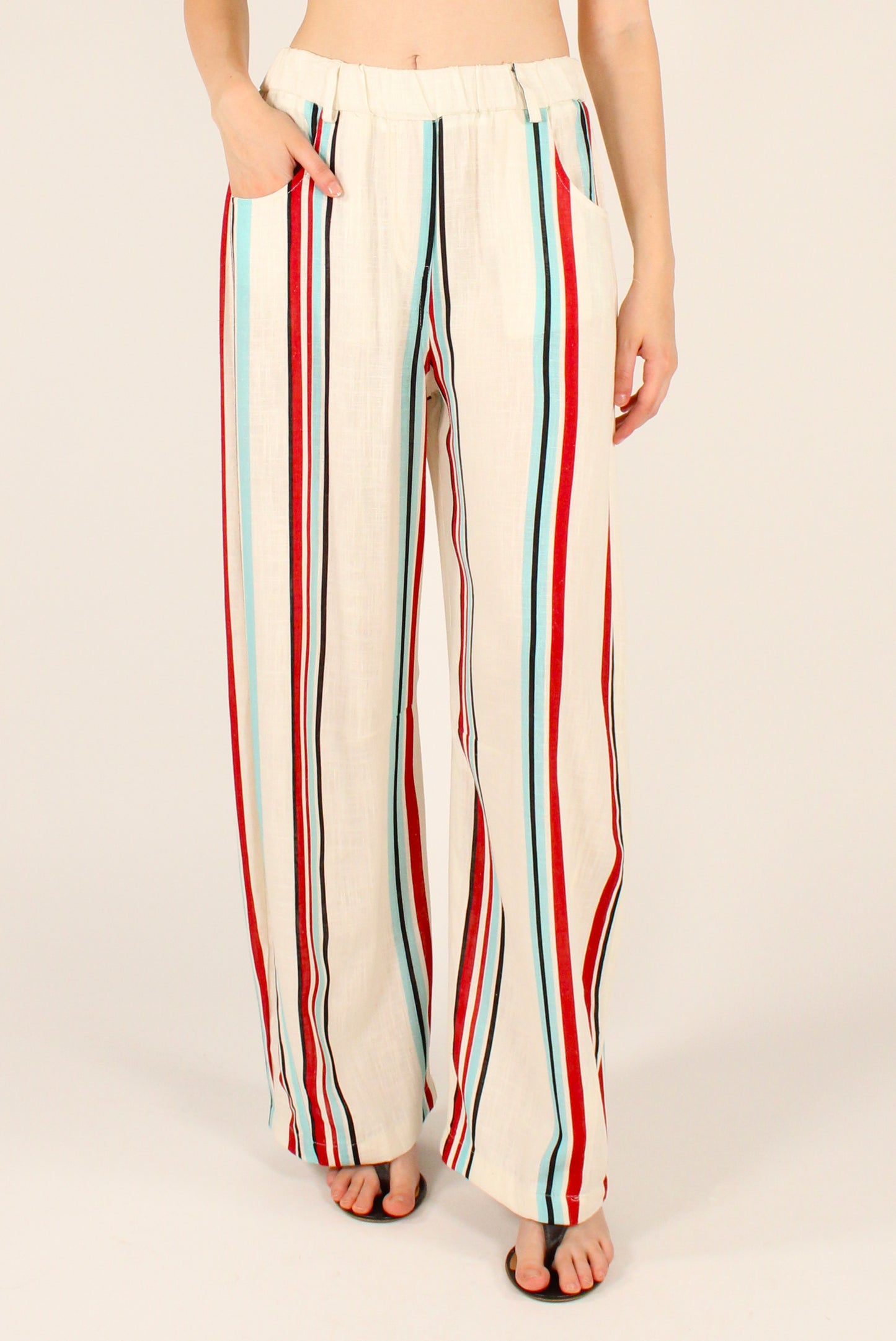 Pantaloni Rigati in Viscosa e Lino