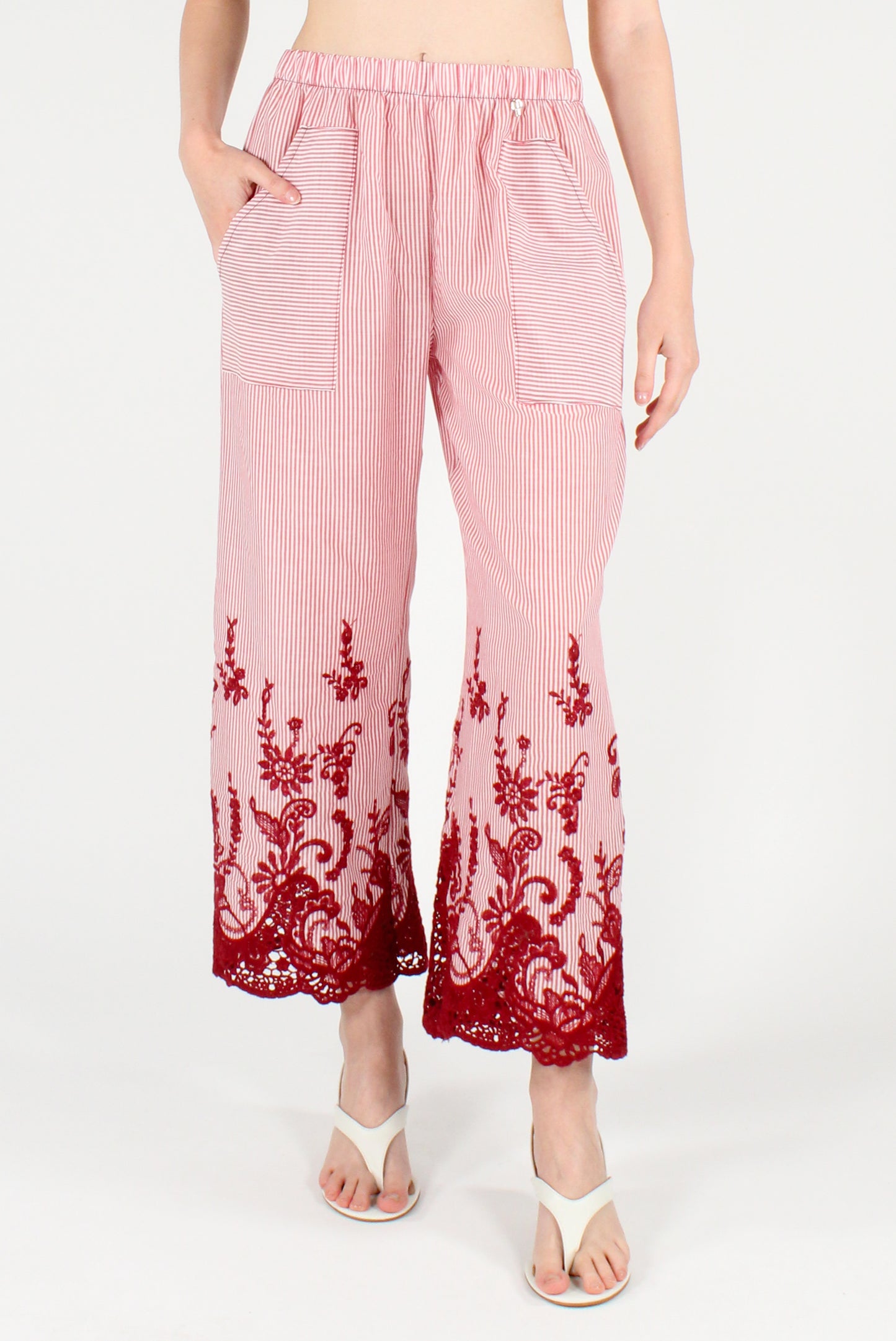 Pantaloni a Righe Ricamati sul Fondo