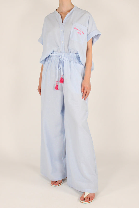 Pantaloni a Palazzo a Righe con Ricamo sulla Tasca