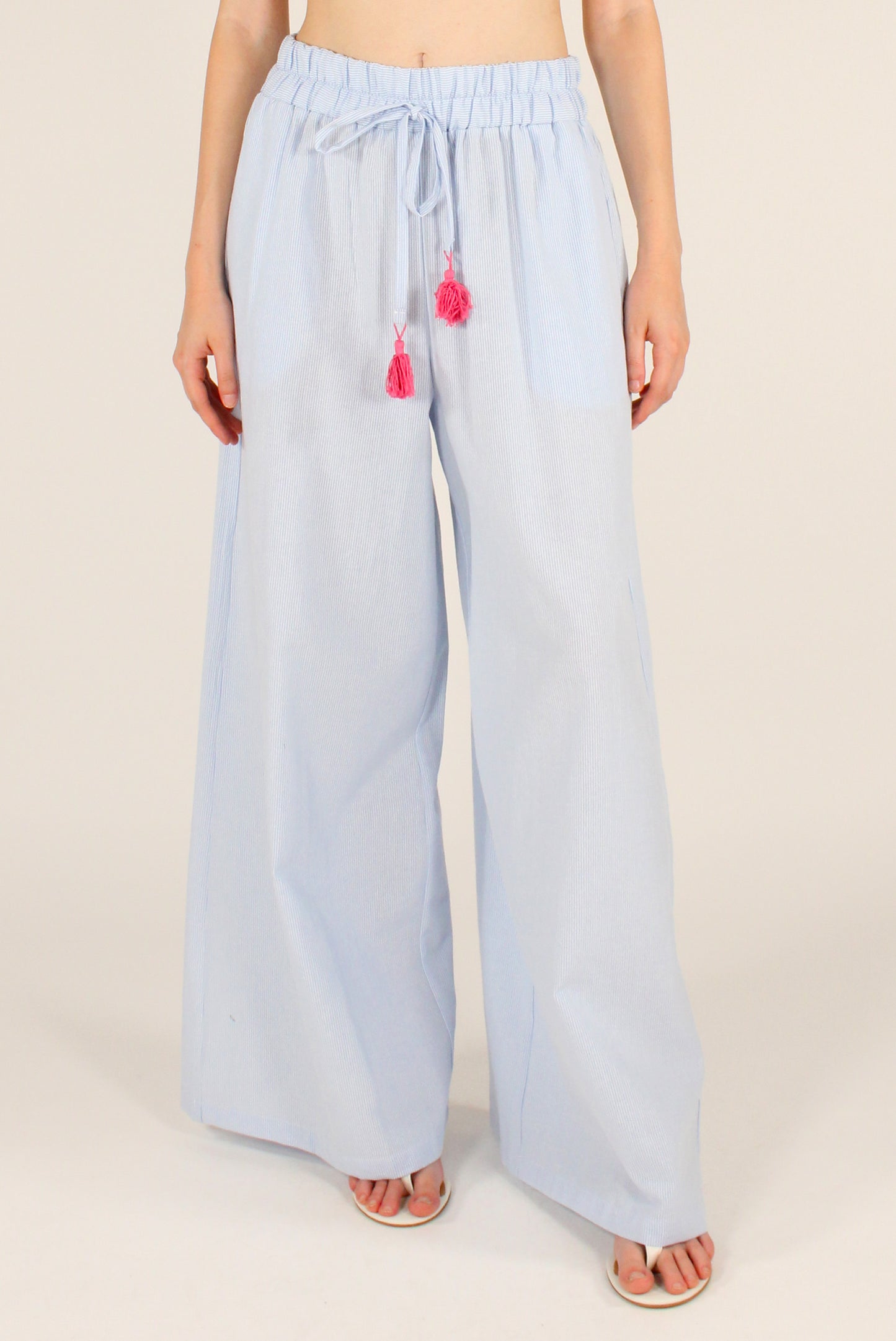 Pantaloni a Palazzo a Righe con Ricamo sulla Tasca