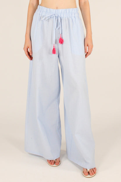 Pantaloni a Palazzo a Righe con Ricamo sulla Tasca