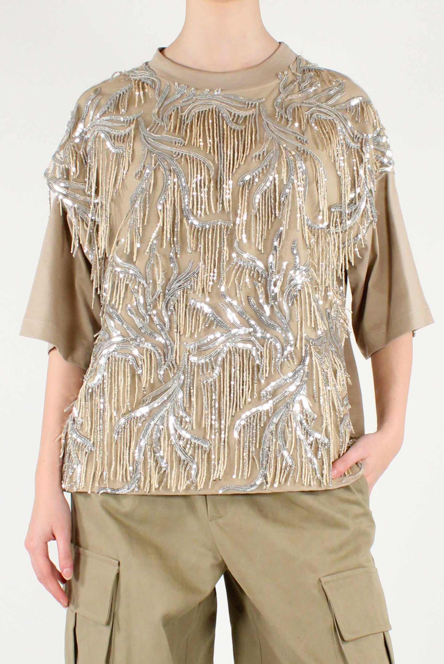 T-shirt Over con Frange Paillettes