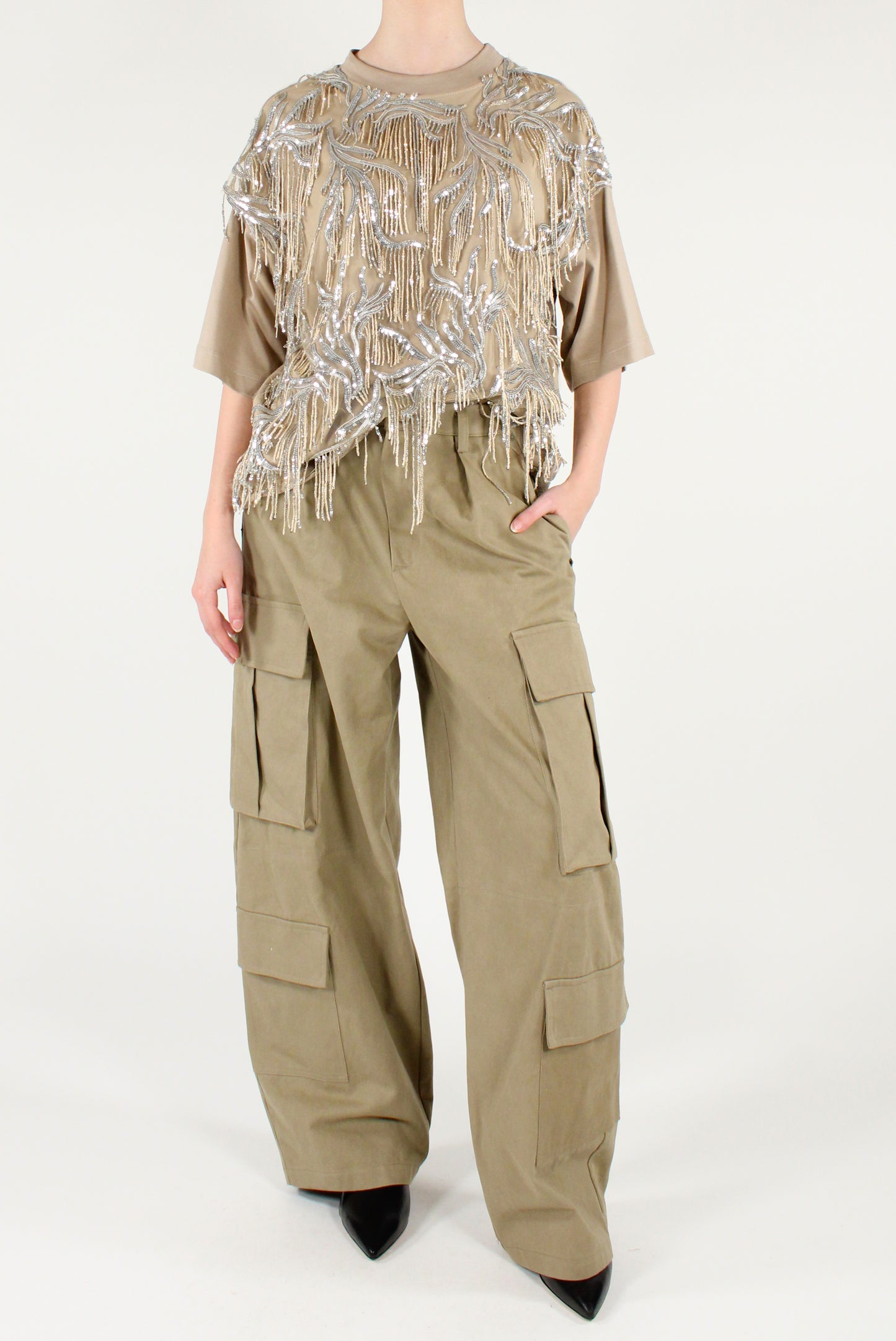 T-shirt Over con Frange Paillettes