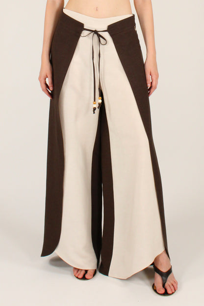 Pantaloni Pareo Tessuto Bicolore Misto Lino e Viscosa