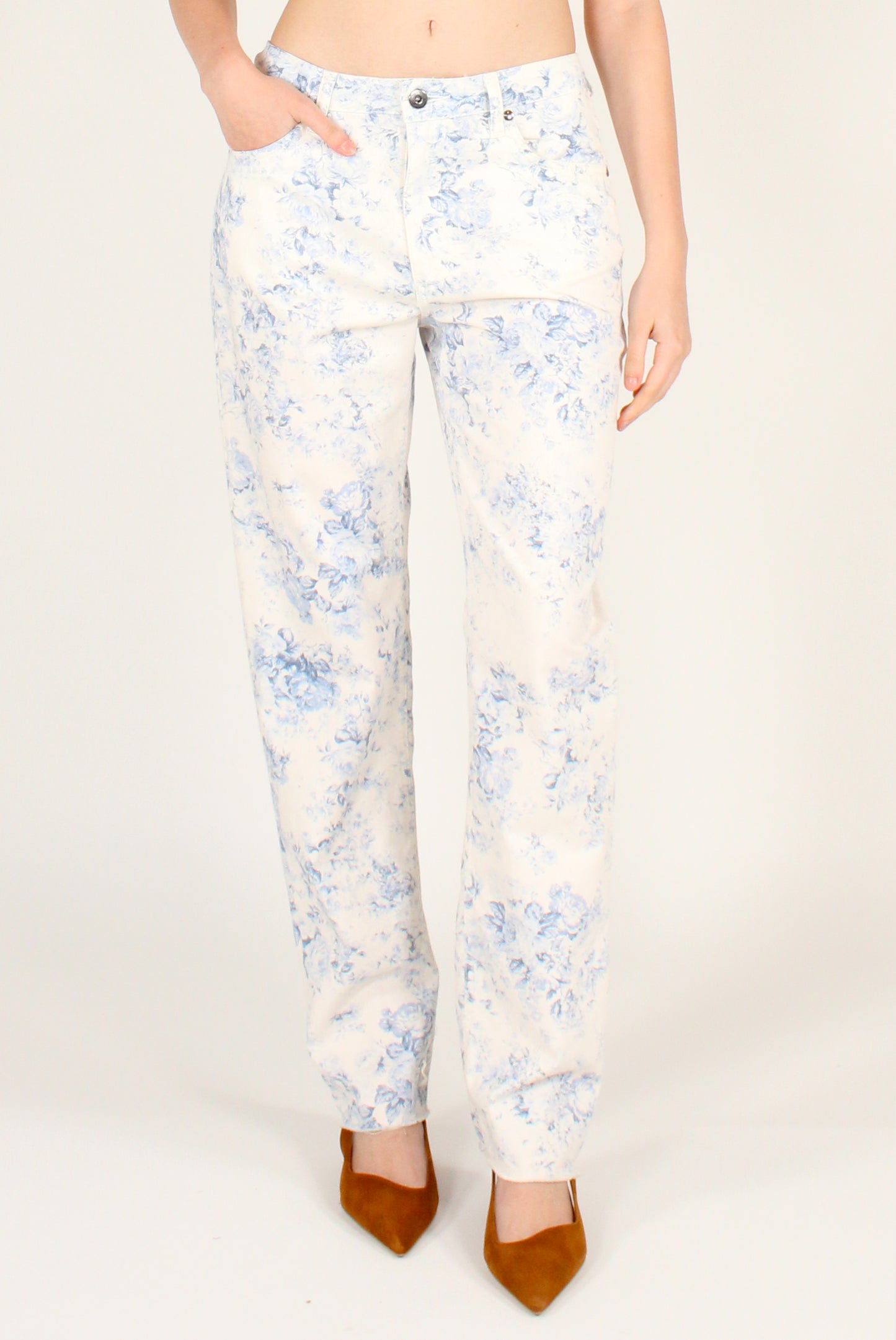 Pantaloni a Sigaretta Denim Stampa Floreale