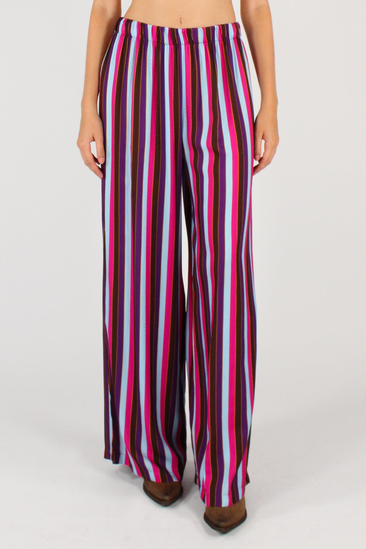 Pantaloni a Palazzo Stampa Righe Multicolore Fucsia