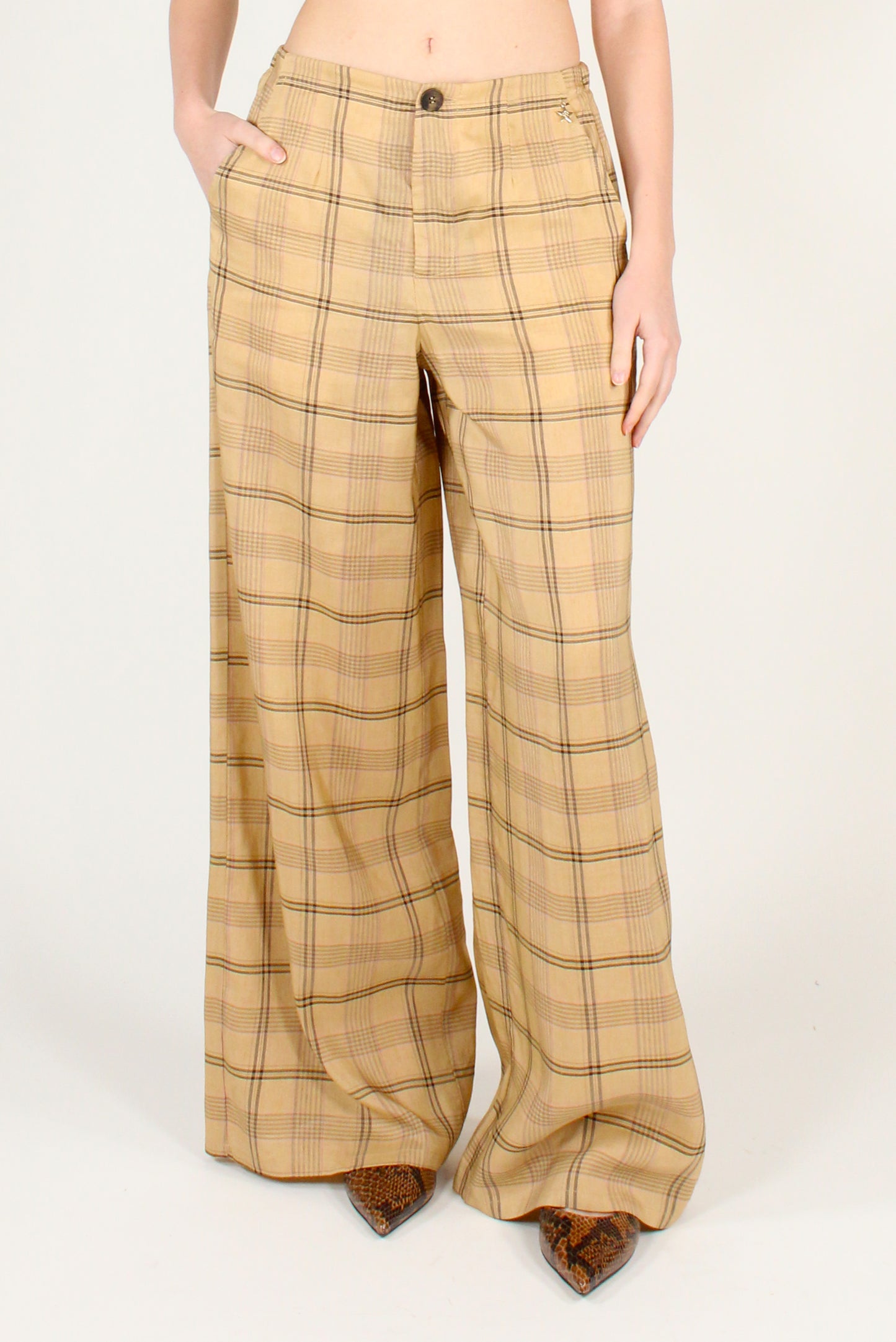 Pantaloni Palazzo Stampa Tartan Viscosa e Lino