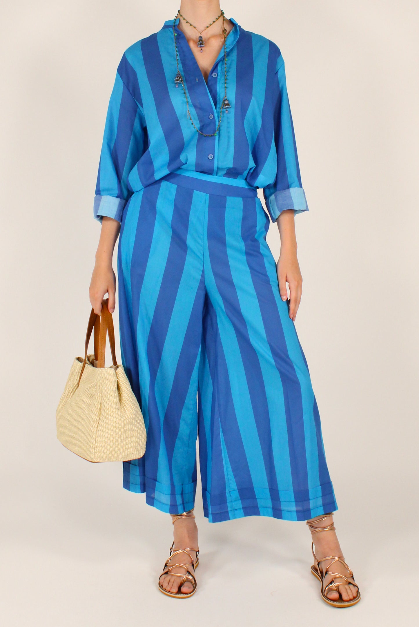 Camicia Coreana a Righe in Mussola di Cotone