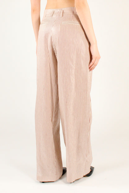 Pantaloni a Righe Misto Lino con Pinces