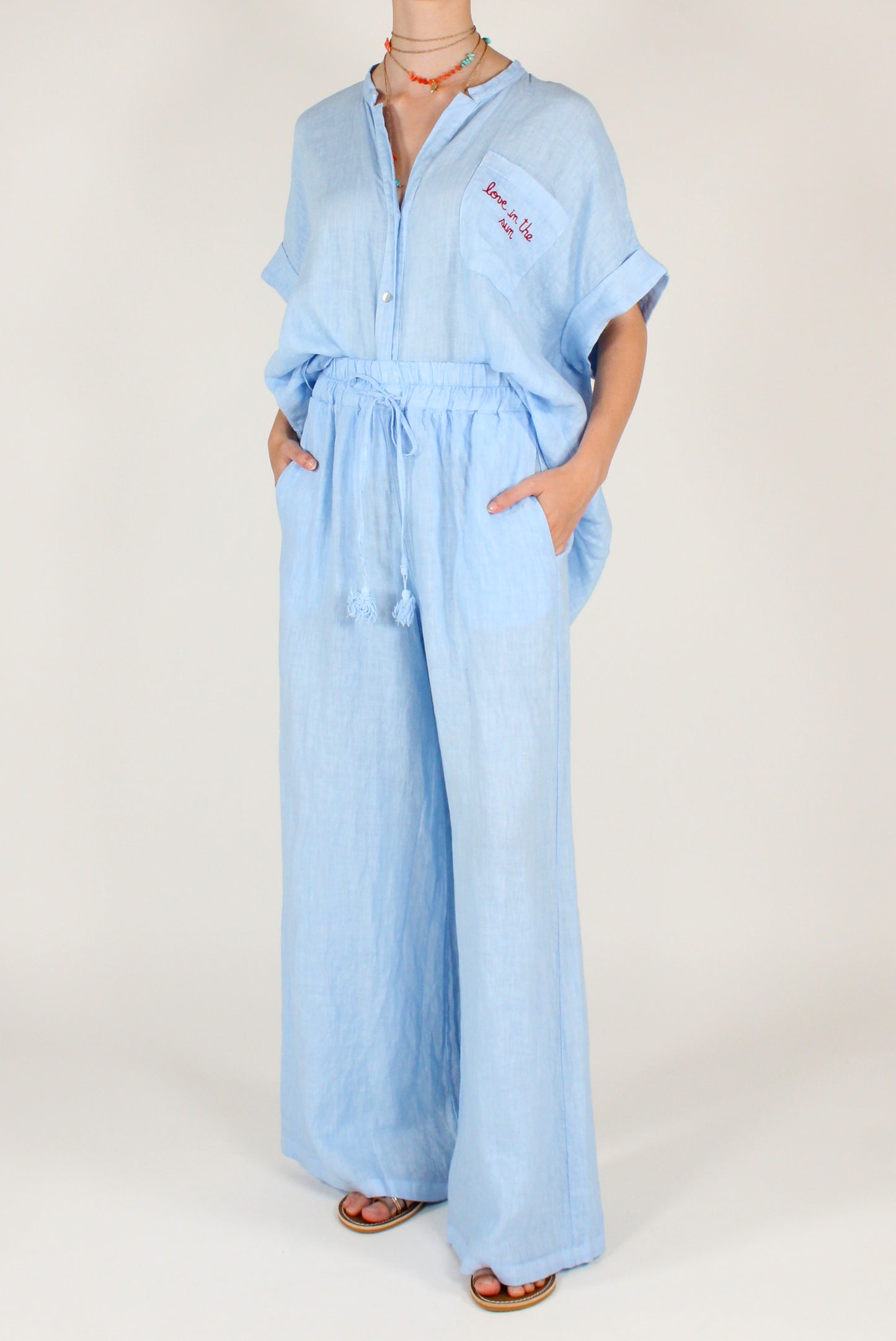 Pantaloni in Lino Ricamo "Love in the Sun"