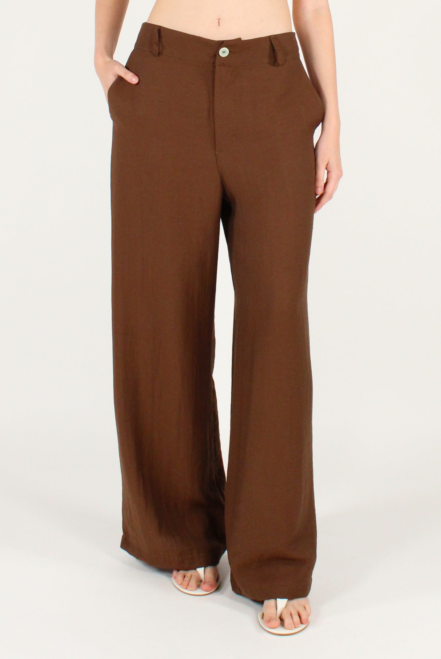 Pantaloni a Gamba Dritta Misto Viscosa e Lino