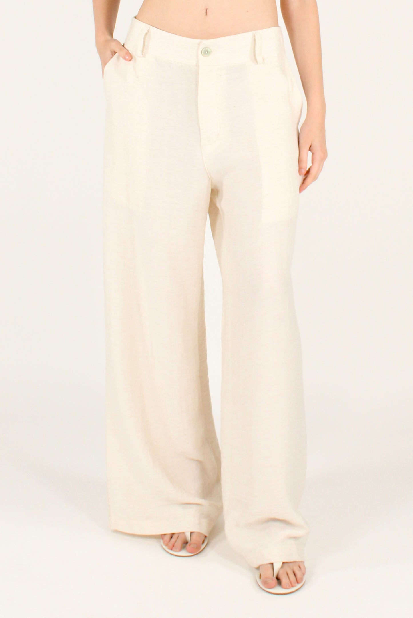 Pantaloni a Gamba Dritta Misto Viscosa e Lino