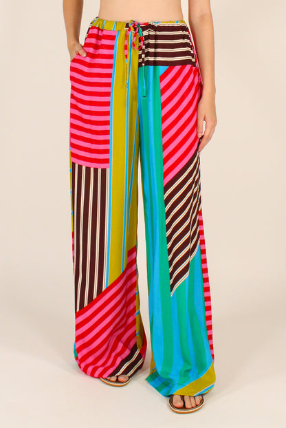 Pantaloni a Palazzo Fantasia a Righe Patchwork