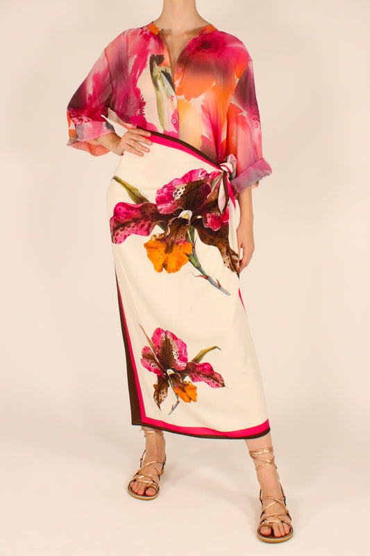 Gonna Lunga Stampa Orchidea Fucsia
