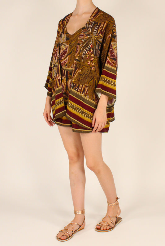 Kimono Shirt with Floral Print Burgundy