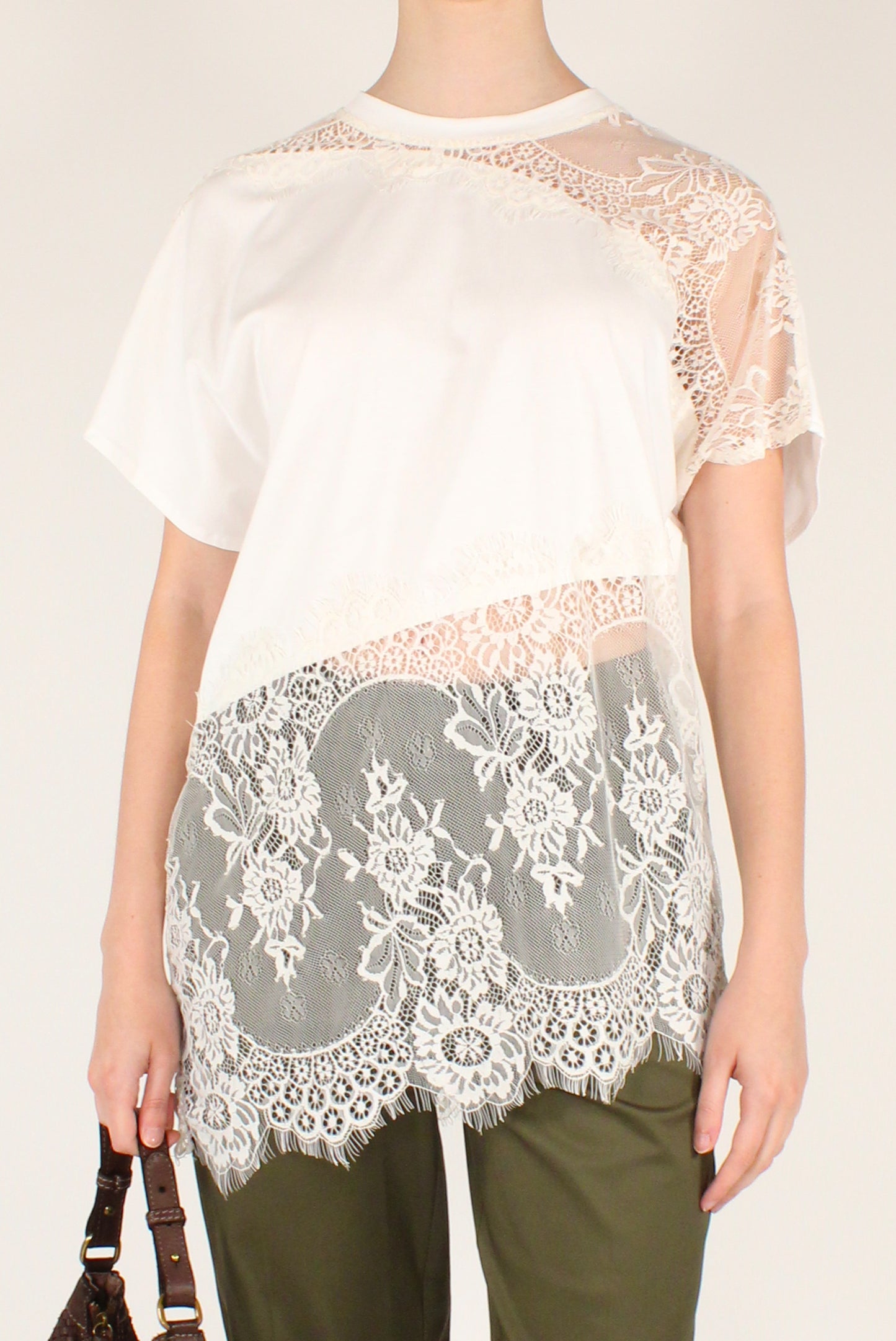 T-shirt Girocollo Asimmetrica con Pizzo