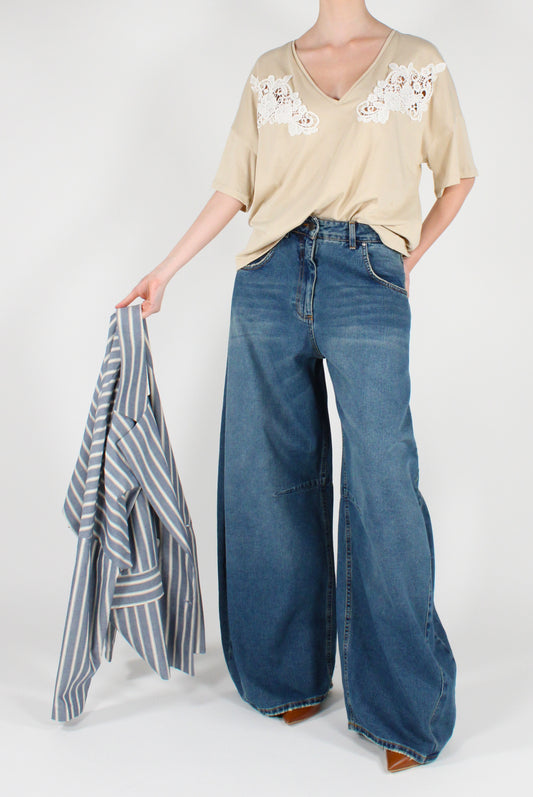 T-shirt Scollo a V Inserti in Pizzo