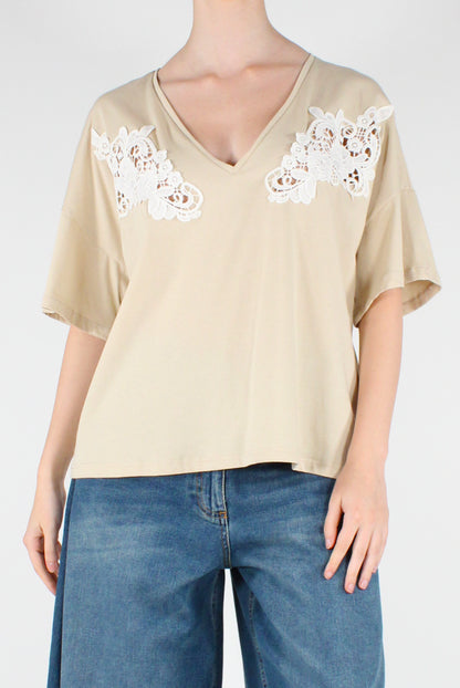 T-shirt Scollo a V Inserti in Pizzo
