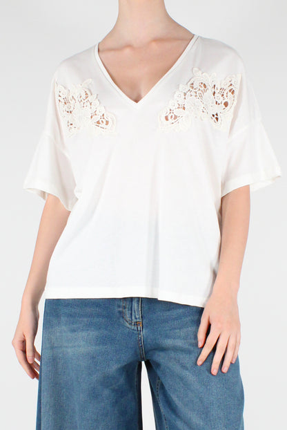 T-shirt Scollo a V Inserti in Pizzo