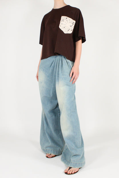 T-shirt con Tasca Ricamata a Crochet