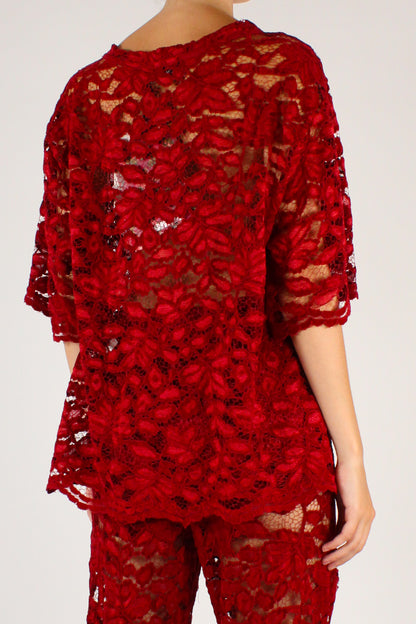 T-shirt Over in Pizzo Ciniglia Bordeaux