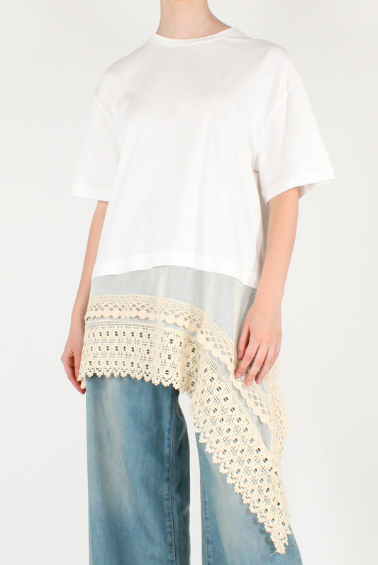 T-shirt Over con Tulle e Pizzo Asimmetrico