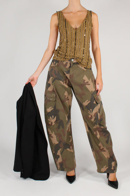 Top Scollo a V in Tulle Ricamato con Perline e Paillettes