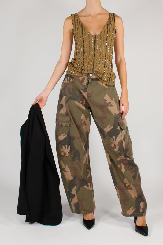 Top Scollo a V in Tulle Ricamato con Perline e Paillettes
