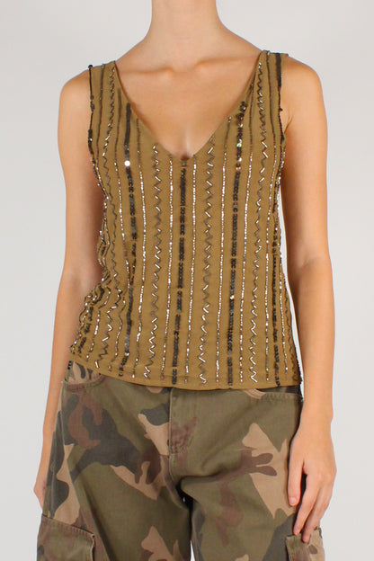 Top Scollo a V in Tulle Ricamato con Perline e Paillettes