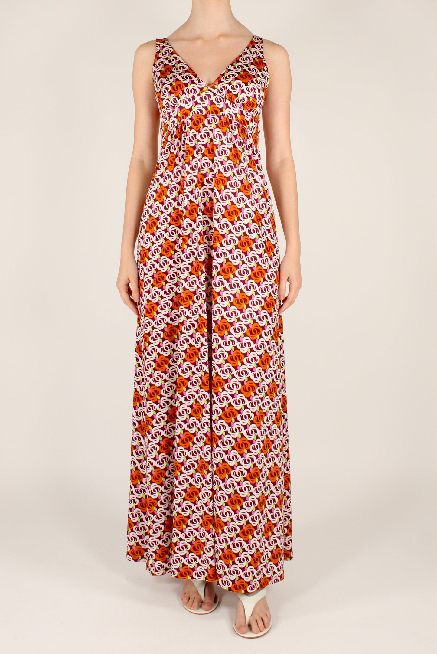 Long Dress with Abstract Floral Print and V-Neck