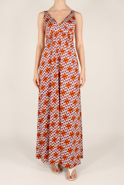 Long Dress with Abstract Floral Print and V-Neck