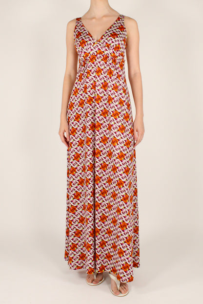 Long Dress with Abstract Floral Print and V-Neck