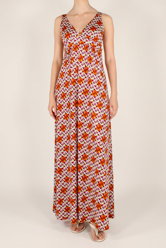 Long Dress with Abstract Floral Print and V-Neck