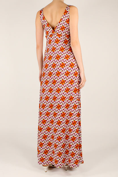 Long Dress with Abstract Floral Print and V-Neck
