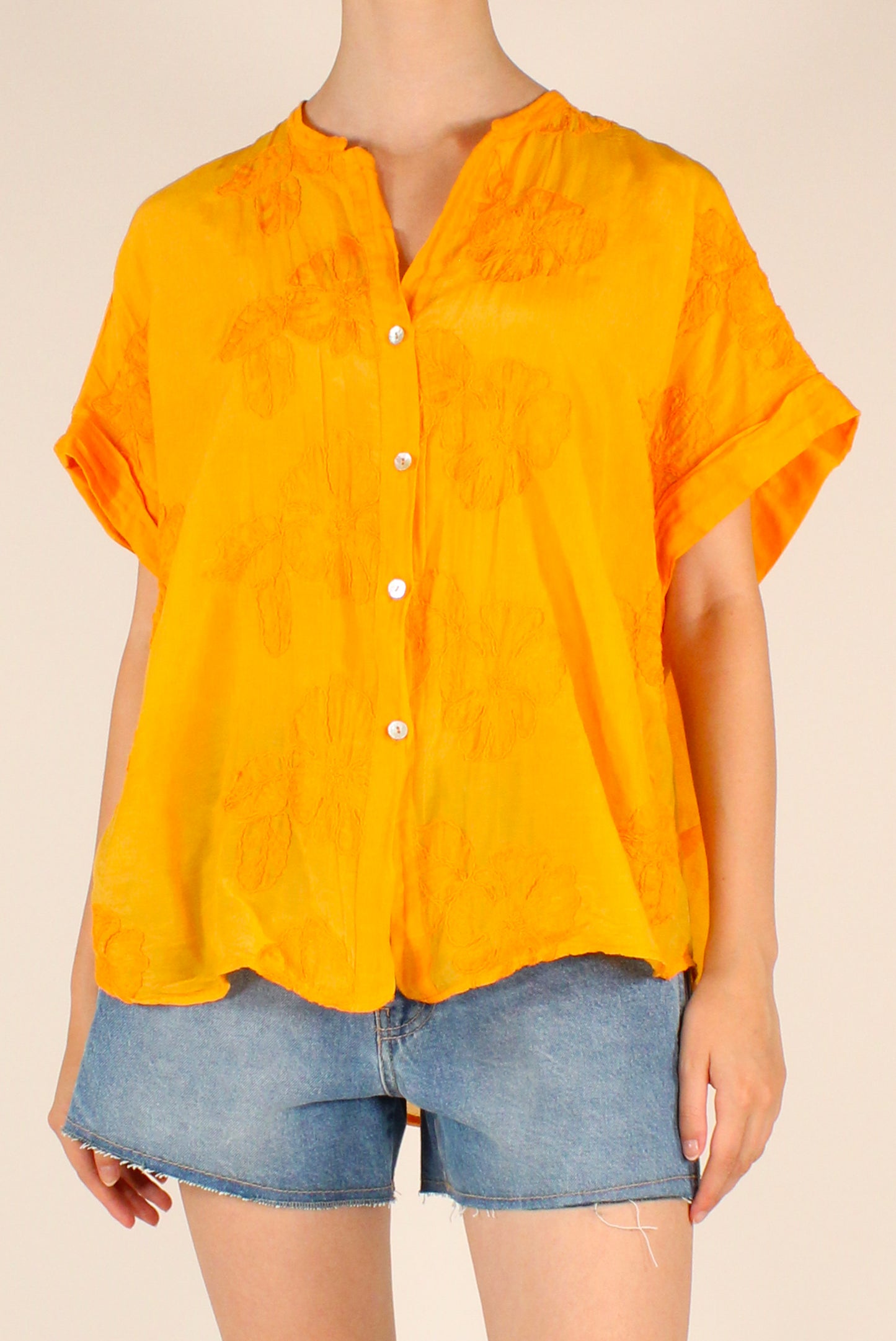 Camicia Ricamata Floreale in Mussola Misto Seta