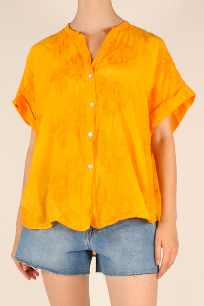Camicia Ricamata Floreale in Mussola Misto Seta